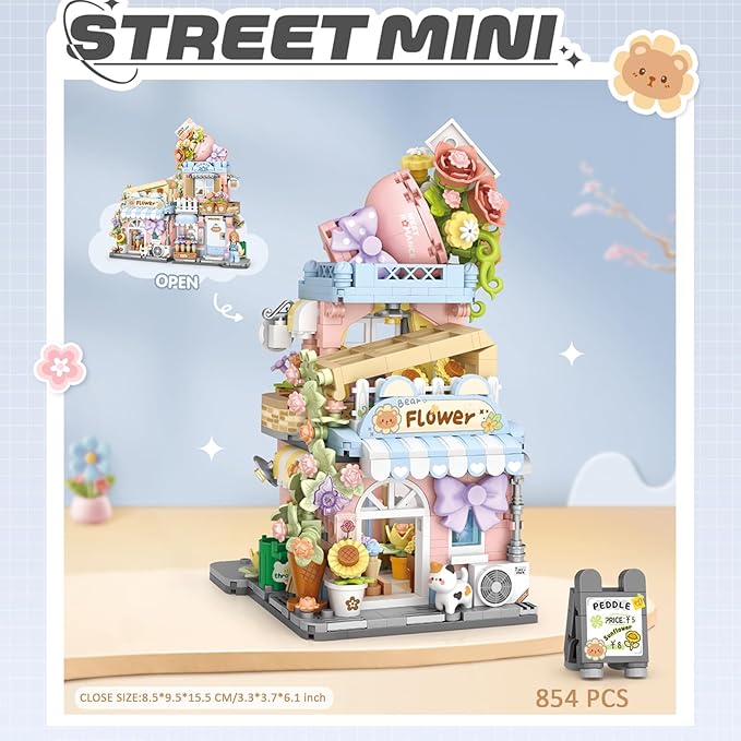 Mini City Shop Street View Building Blocks Model SetSimulation Animals Architecture Collection Particle Construction Building Bricks ToyHome Decoration (Flower Shop)