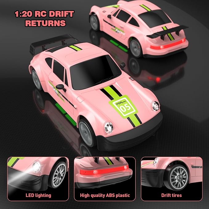 Remote Control Car RC Drift Car 2.4GHz 1:20 Scale 4WD 20KM/H High Speed Remote Control Cars Vehicle with LED Lights Drifting Tire 2Pcs Rechargeable Batteries Toy Cars for Adults Boys Girls (Pink)