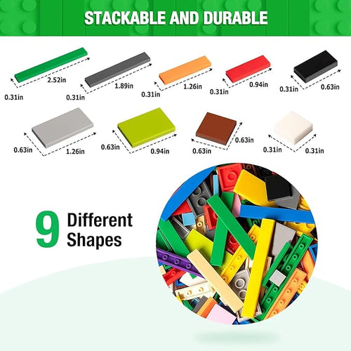 1200 Pieces Flat Pieces 9 Sizes Classic Moc Parts and Pieces Tiles Expansion Set - Compatible with All Major Brands Building Bricks Bulks for Smooth Surface 12 Colors