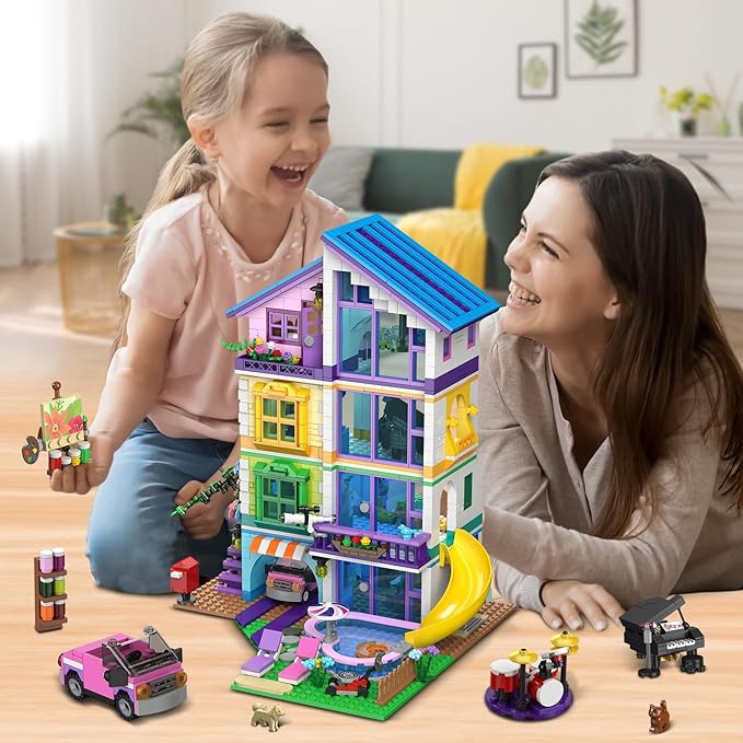 HOGOKIDS Girls House Building Set with LED Light - 1317 PCS Friends Villa Block Toy with Car and Pool Garden 4 Floor Building Kit for Role Play Birthday Gift for Girls Boys Kids Ages 8-14+