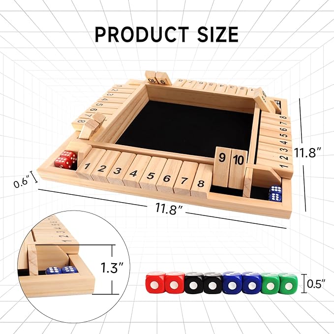 GSE Games &amp Sports Expert 1-4 Player Wooden Shut The Box Dice Board Game with 8 Dice. 4-Way 10 Numbered Shut The Box Set of Popular English Pub Board Game - Natural Wood