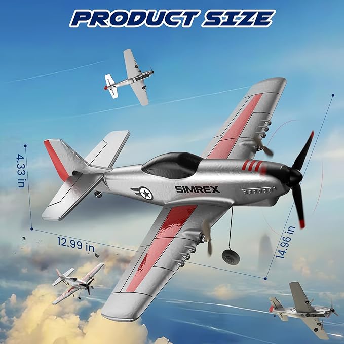 SIMREX RC Plane for Kids - 2.4GHz 3-Channel Remote Control Airplane Toy with 6-Axis Gyro 2 Speeds 2 Batteries P51 RC Airplane Foam Glider - Gift for Boys &amp Girls