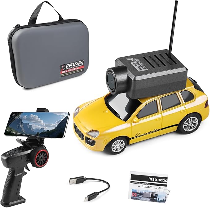 Mini RC Drift Car 1:64 Scale Mini RC Car with Camera and Radio Transmitter 2.4GHz Transmitter and APP Controlled Toy Vehicle with HD Magnetic Camera LED Lights Fun Toy for (Yellow)