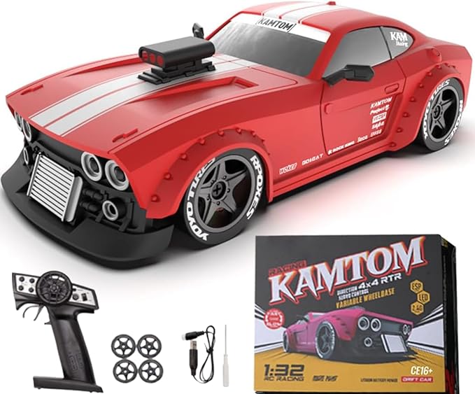 RC Drift Car 1/32 Scale High-Speed 4WD Mini Electric Remote Control Car 30 km/h with Gyro Stabilization and LED Lights Suitable for Adults (KM3299-Red)