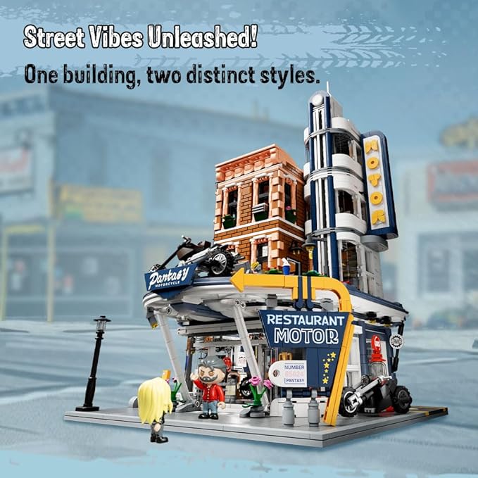 PANTASY Retro Motorcycle Diner &amp Bar Building Set - Modular Street Corner Architecture Kit with Interactive Doors Openable Walls 4 Motorcycles &amp 5 Exclusive Minifigures for Display &amp Pla