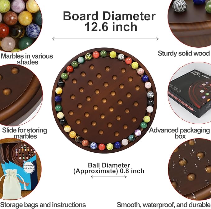 Large Solitaire Game Handmade Solid Wooden Marble Board Game Set with 36 Natural Marble Marbles Classic Thick Round Board Games for Adults Game Night (Walnut Medium)