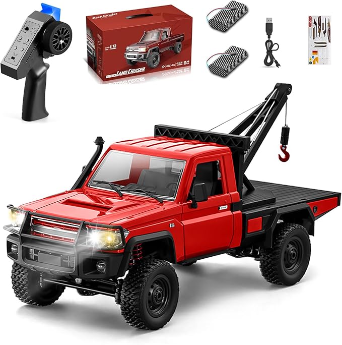 RC Crawler 1:12 Scale New Upgrade MN82-T RC Truck Crane 4WD LC79 Off Road Remote Control Pickup with Lights All Terrain Wrecker Vehicle for Teens Adults (Red)