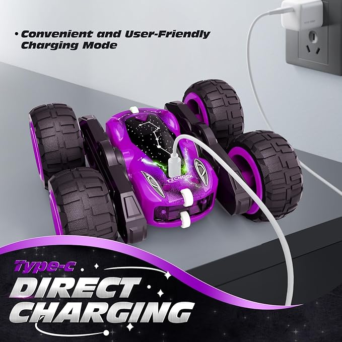 Tecnock Remote Control Car for Kids 2.4GHz RC Cars with USB-C Easy Charging 4WD Double Sided 360° Rotates and Flips RC Stunt Car Toys Gift for Boys and Girls Ages 6-8 8-12