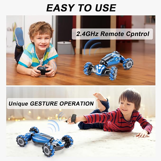 RC Stunt Car 2.4GHz 4WD Drive Remote Controlled Gesture Sensor Toy Car Hand Remote Control car with 360° Flipping Light and Music Children's Toys for Boys and Girls Aged 5-13