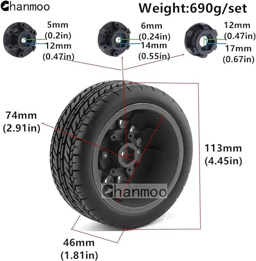 1/10 RC Short Course Truck Tires And Wheels With 12mm 14mm 17mm Hex 113mm 1/8 Rubber Tyres For 1/8 or 1/10 Scale On Road Car HSP Sonic 94102 GT PTG-2 Tamiya TT02 RC Racing Car 4PCS (Green A)