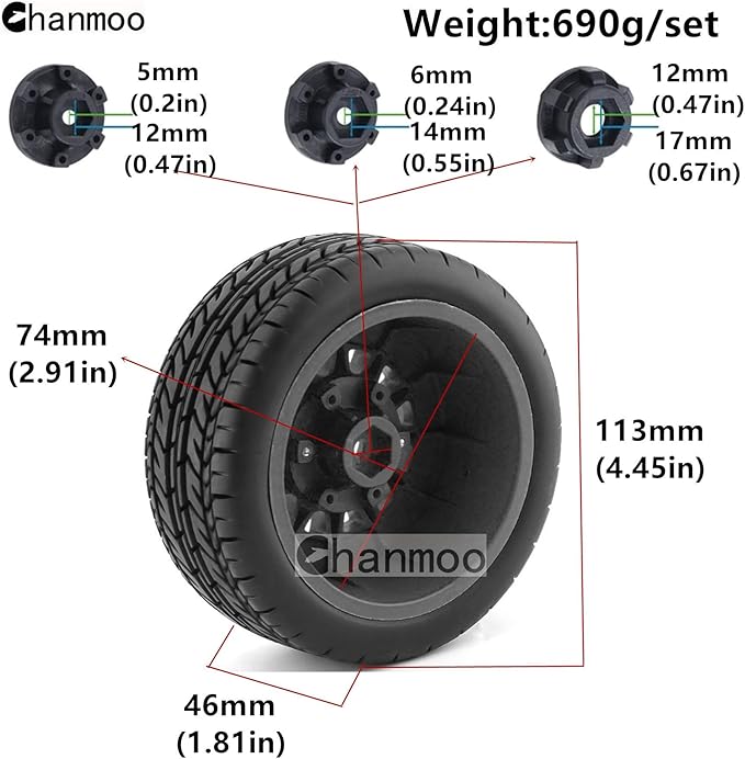 1/10 RC Short Course Truck Tires And Wheels With 12mm 14mm 17mm Hex 113mm 1/8 Rubber Tyres For 1/8 or 1/10 Scale On Road Car HSP Sonic 94102 GT PTG-2 Tamiya TT02 RC Racing Car 4PCS (Red A)