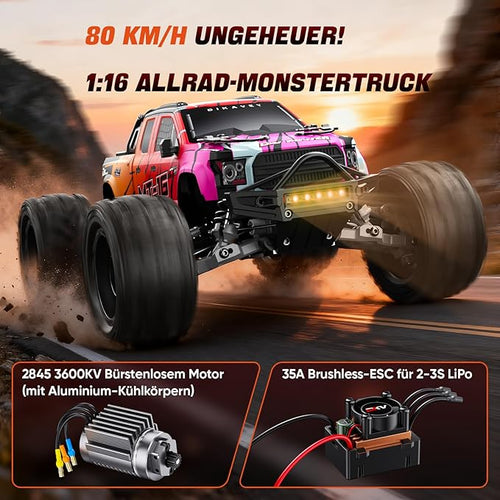 1/16 50MPH Brushless 4WD RC TruckUpgradeable All-Terrain Remote Control Cars with 3S BatteryWaterproof Fast Off-Road RC Truggy for AdultsSuitable as Gift for Snow/Sand Adventures-Gradient Red