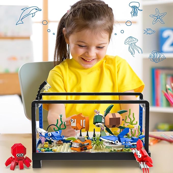Fish Tank Building SetCompatible with Lego Aquarium Including Marine Life AnimalsCreative Lighting Fish Tank with Submarine Educational Building Toys for Kids 6-12(625Pieces)