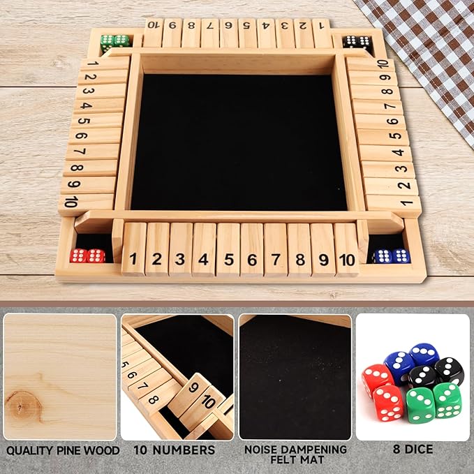 GSE Games &amp Sports Expert 1-4 Player Wooden Shut The Box Dice Board Game with 8 Dice. 4-Way 10 Numbered Shut The Box Set of Popular English Pub Board Game - Natural Wood