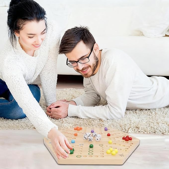 HOROW Wahoo Board Game Wooden Original Board Game 15 inch Classic 2 Side Painted Fast Track Game for 4 Player and 6 Player with 30 Marbles6 Dices for Family Game Night
