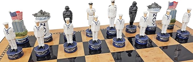 US Military Chess Set Army Navy Air Force or Marines. Choose 2 Branches of Men with 17 inch Walnut Color Storage Board (Army vs Navy)