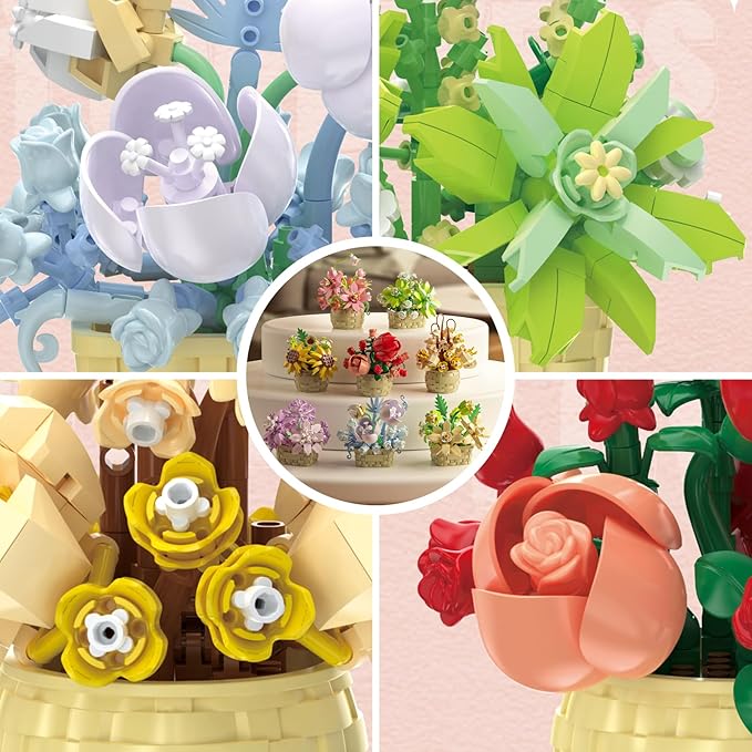 8 Pieces Flower Block Set Plant and Succulent ToysBirthday Gift for Women and Girls As a Decoration or Adult Block Toy