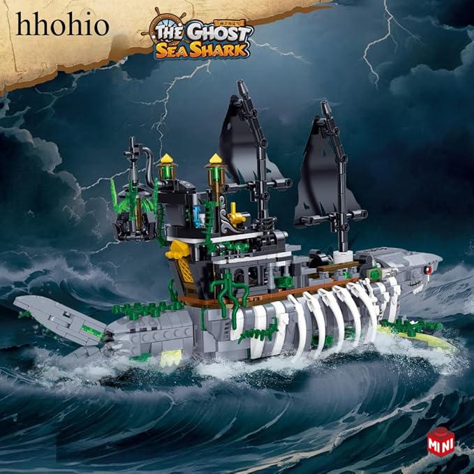 Pirate Ship Building Toys Creative Ghost Shark Pirate Ship Building Sets Jaws Model Ship Building Bricks Set for Kids(1155 PCS)