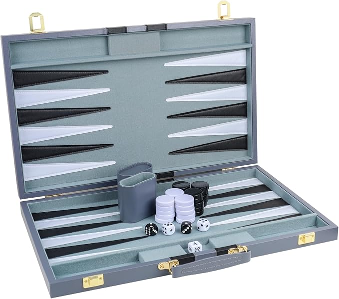 Backgammon Set 2 Players Classic Backgammon Sets for Adults Board Game with PU Leather Case Portable and Travel Backgammon Set (Grey 18inch)
