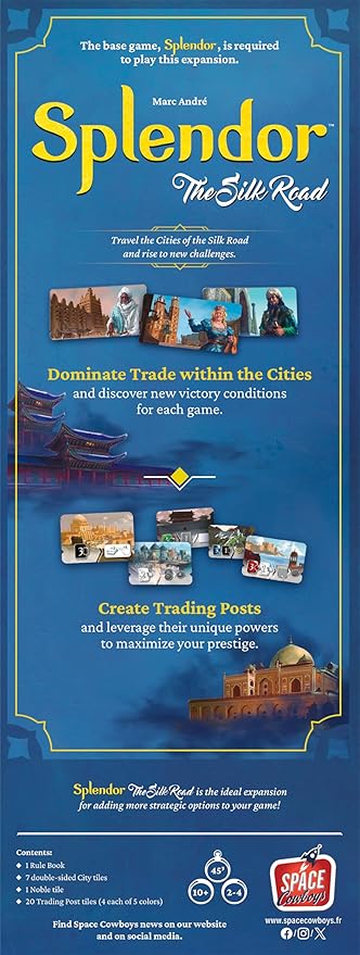 Asmodee Splendor The Silk Road Expansion - Explore Trading Posts &amp Compete for City Tiles! Strategy Game for Kids &amp Adults Ages 10+ 2-4 Players 45 Minute Playtime Made by Space Cowboys