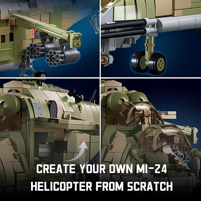 MI-24 Attack Helicopter Building Set - 893 PCS 1:30 Scale Military Gunship Model Battle Brick WW2 Army Toy Set with 3 Toy Soldiers