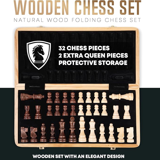 Chess Armory Wooden Chess Set 15 Inch - Classic Handcrafted Game Board for Adults with Extra Queen Pieces and Storage Box - Ideal for Home and Travel - Non-Magnetic