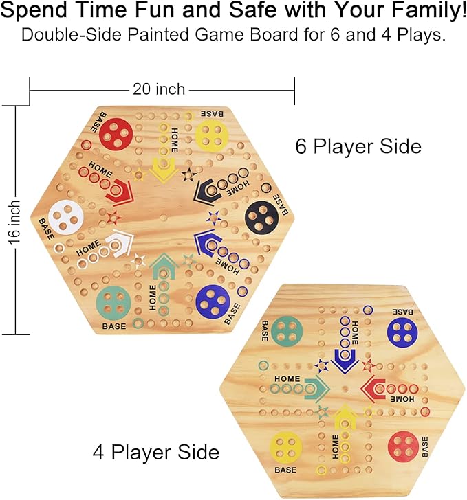 20 Wooden Wahoo Board Game Double-Sided for 4 or 6 Players Fast Track Board Game Original Marble Game Set with 36 Marbles 8 Dice for Family Night Parties and Adult Gifting