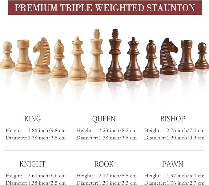 Wooden Chess Pieces Only-Heavy Weighted Tournament Chessmen with 2 Extra Queens-King Height 3.8 inch-Replacement of Missing Pieces-Exquisite Packaging