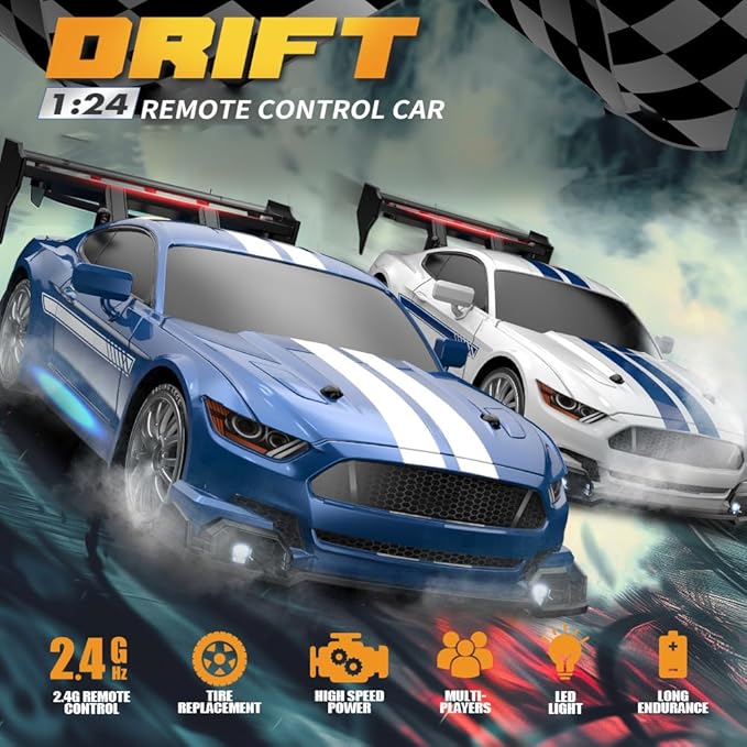 1:24 Scale RC Drift Car 30KM/H 4WD 2.4GHz Remote Control Cars with LED Light Racing and 4 Drifting Wheels High Speed RC Racing Cars Perfect Toy Gift for Teen Adults