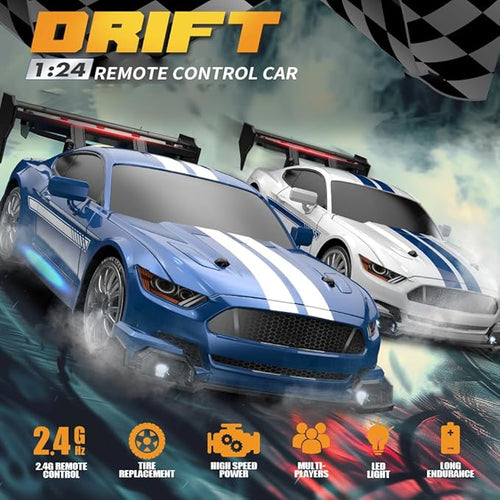 1:24 Scale RC Drift Car 30KM/H 4WD 2.4GHz Remote Control Cars with LED Light Racing and 4 Drifting Wheels High Speed RC Racing Cars Perfect Toy Gift for Teen Adults