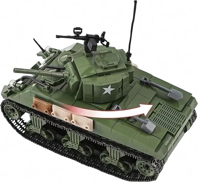 General Jim's WWII M4A1 Sherman Tank Brick Building Blocks Set 726 Pieces 1:29 Scale Rotating Turret Moving Tracks Compatible with Major Brands GJ-USSH