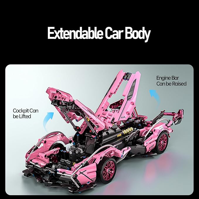 Sport Racing Car Building Block Sets for Adults 1:14 Pink Race Supercar Toys Kits Collectible MOC Model Christmas Xmas Birthday Gifts for Old Boys and Girls Teens Men Women Age 8-12 12-1614+