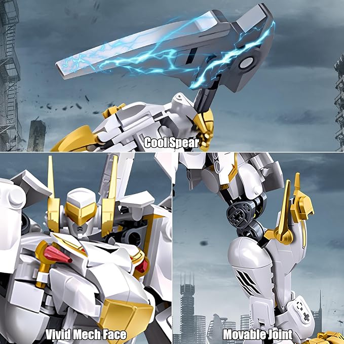 HIGH GODO Mech Robot Building Blocks Set for Adults Flexible Cool White Tiger Warrior Model Kit with Two-Handed Axes Weapon Toy Playset 679 Pieces Creative Mythical Ninja Gifts for Man Teens 14+