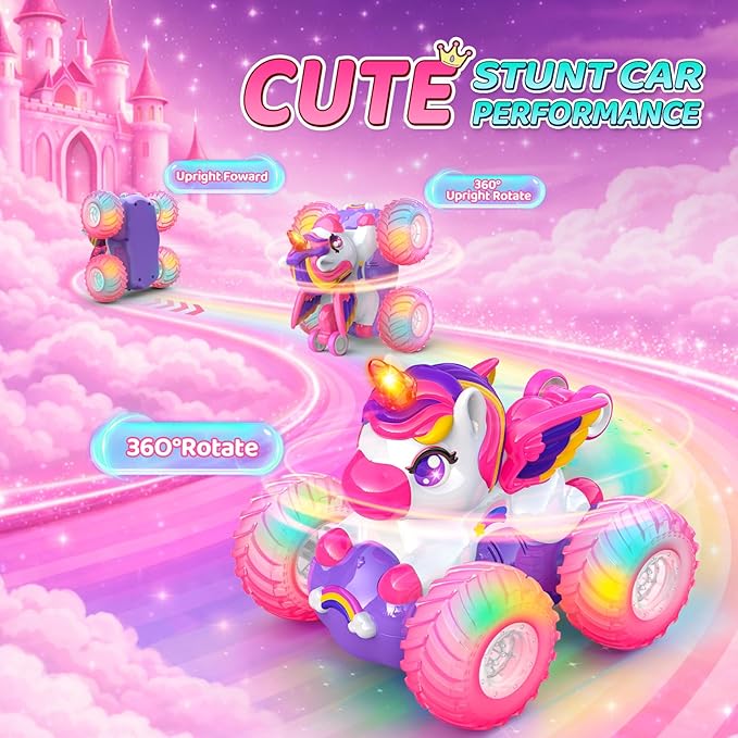 Unicorn Remote Control Car for Girls360° Rotating 4WD Stunt RC Cars with LightsPink Car Toys for KidsFun Indoor/Outdoor Toys Ideal Chritmas Birthday Gift for 3 4 5 6 7 8 Year Old Girl