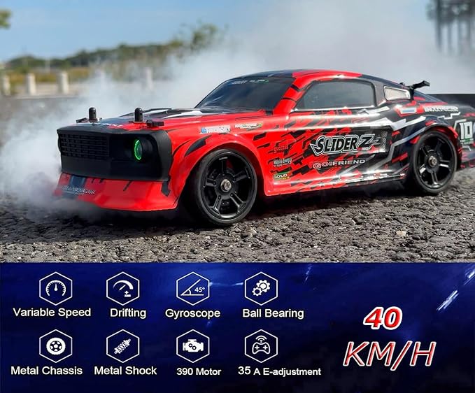 RC Drift Car with Gyro 1/14 Hobby RC Car Off Road Fast Remote Control Truck Drifting 4WD High Speed 40 KM/H with 390 Motor Gyroscope Proportional Control Metal Chassis Ball Bearing