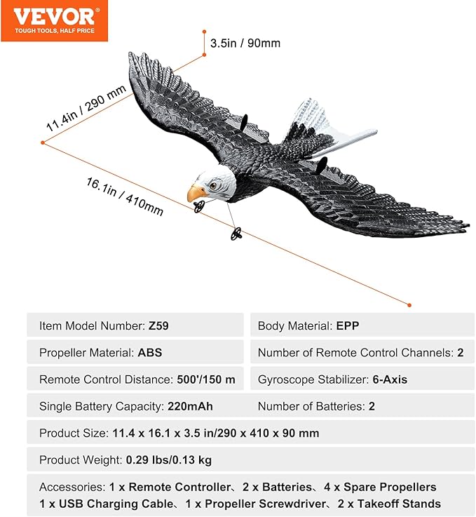 VEVOR RC Plane 2.4GHZ 2 Channel RC Airplane with 6-Axis Gyro Stabilizer&amp2 Batteries Ready to Fly Eagle Aircraft Plane Toy RC Glider for Adults Beginners Kids Birthday/Xmas Gift