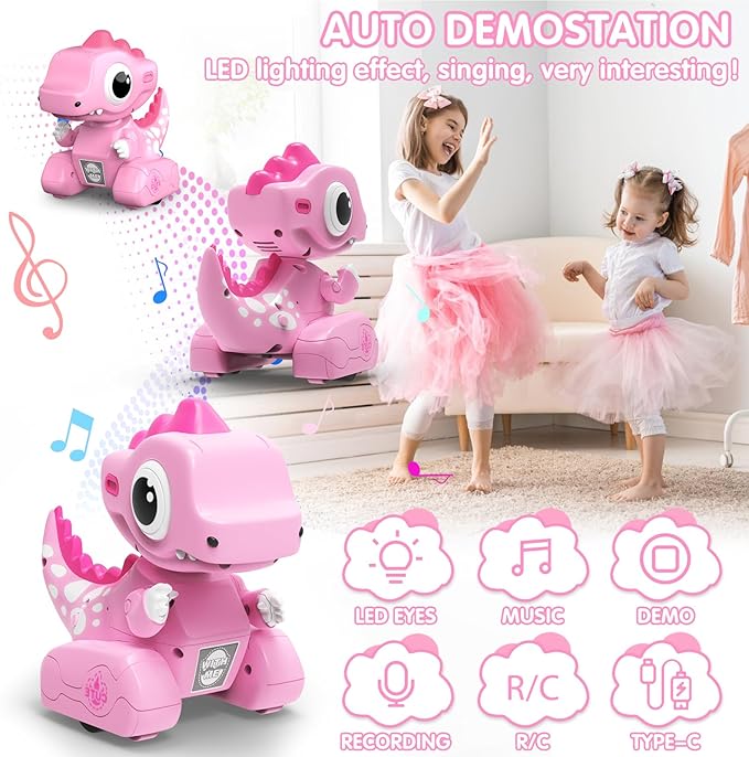 Remote Control Car Pink Dinosaur Toy 2.4GHZ Remote Control Girls Dinosaur Toys Pink RC Drifting Car Recording and Repeating LED Lights Eyes Music RC Cars Toys for Kids Boys Birthday Gift
