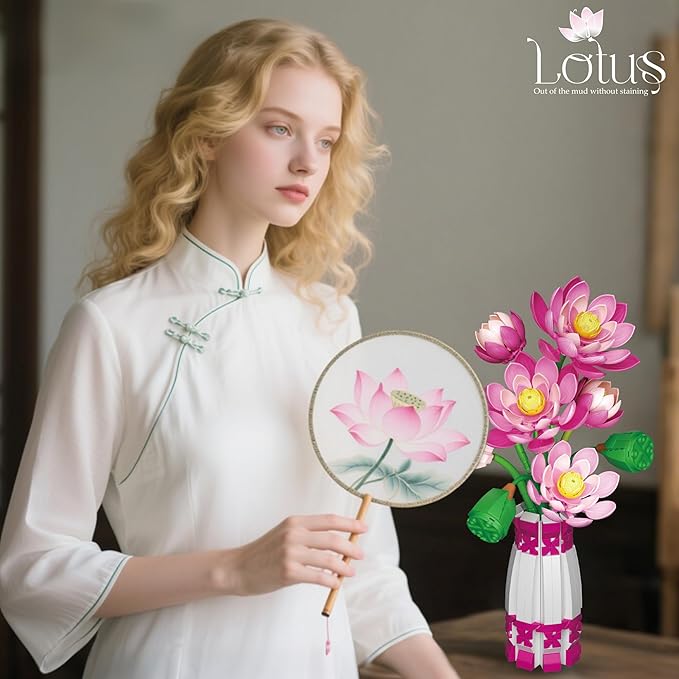 Lotus Building Set Flowers Bouquet with Vase Compatible with Lego Botanical Collection Pink for Women Adults 14 Years &amp Up Home Office Decor