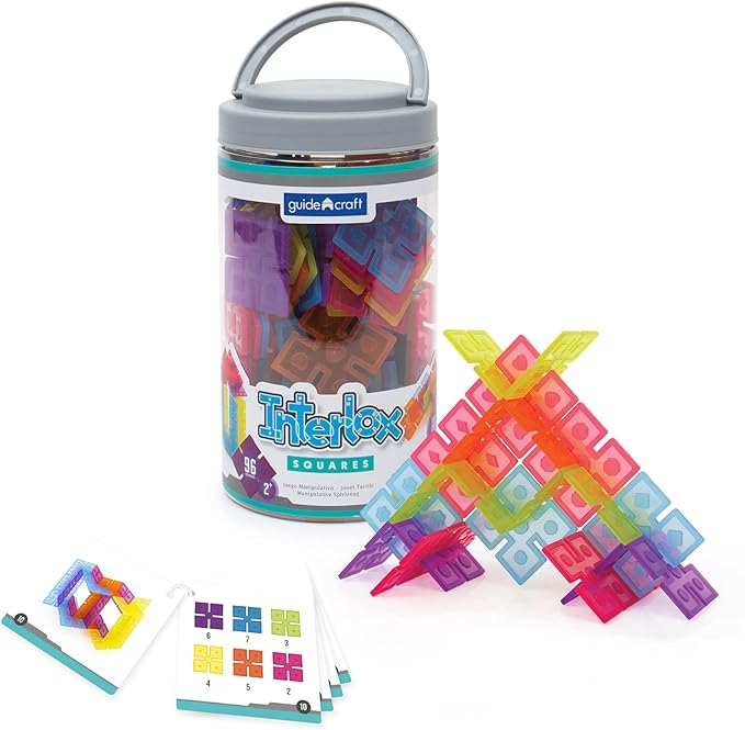 Guidecraft Interlox Squares - 96 Piece Set Interlocking Construction Toy Creative Building - Educational STEM Construction Toy for Kids