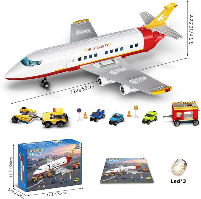 HOGOKIDS 2 Style City Airplane Building Set with LED Light - Plane Building Blocks Switch Passenger Cargo Projectile Toy with 3 Cars Planes Model Toys Valentines Gifts for Kids Boys Girls Age 6-12+