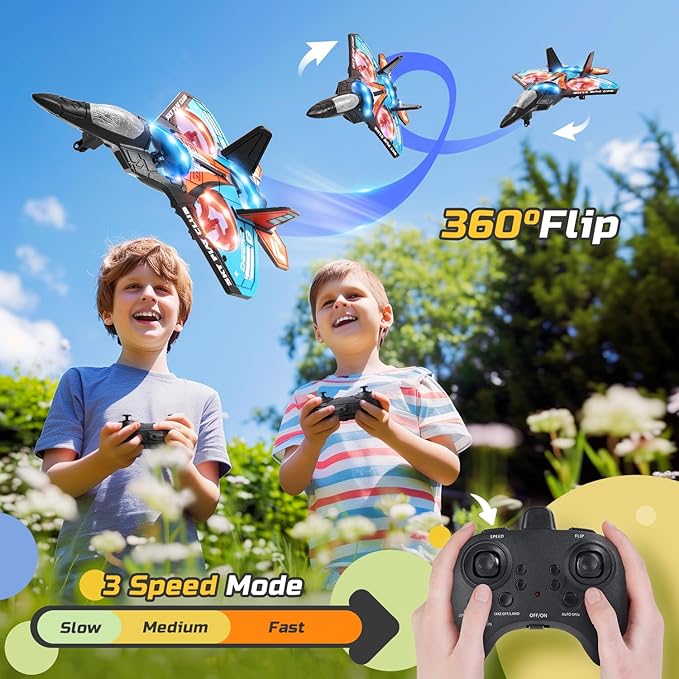 Foam RC Plane Drone for Kids Remote Control Airplane Fighter Jet with LED Light Auto Hover 360°Flip 2 Batteries (16 Mins Flight) Easy to Fly for Beginners