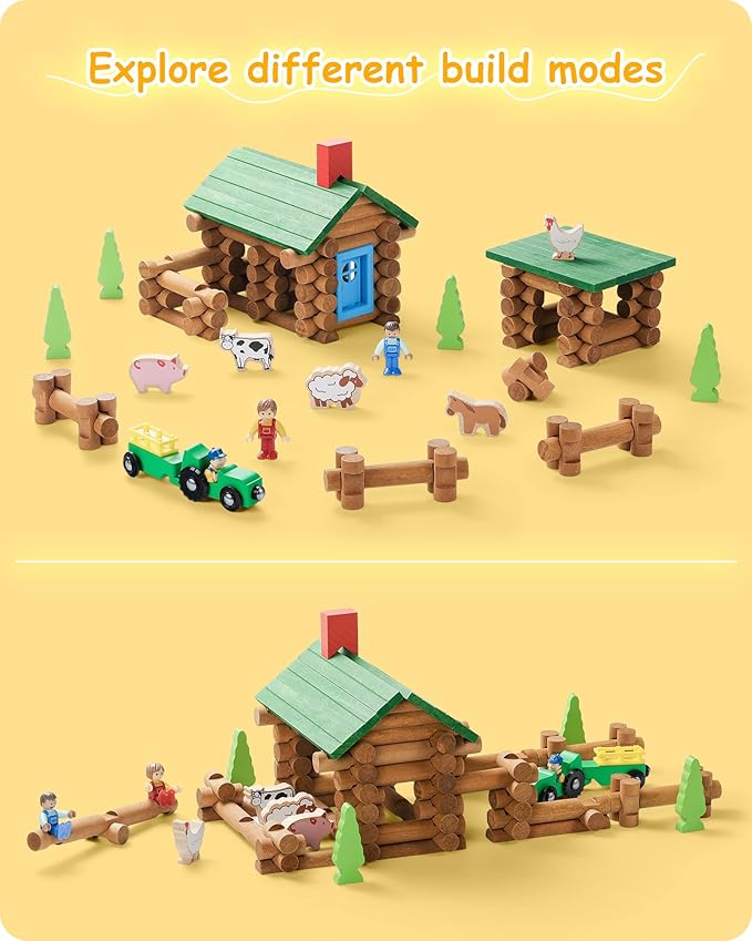SainSmart Jr. Wooden Log Cabin Set Farm Building House Toy for Toddlers 122 PCS Classic STEM Construction Kit with Colorful Wood Logs Blocks for 3+ Years Old