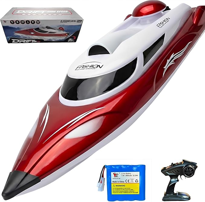 19 Big RC Boat High Speed 35+ KPH Remote Control Boat for Kids and Adults Outdoor Water Toy Race Ship for Pool Lake With 3000mAh Big Capacity BatteryWater Play Toy Gift Racing Ship with LED Light
