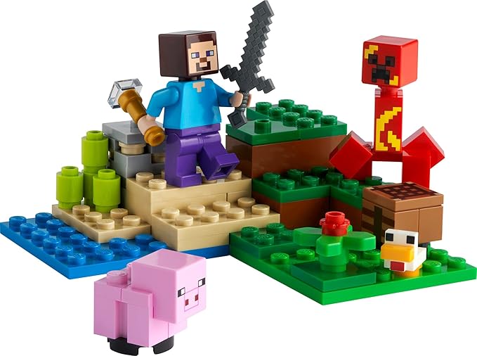 LEGO Minecraft The Creeper Ambush Building Toy 21177 Pretend Play Zombie Battle Gift for Kids Boys and Girls Age 7+ Years Old Ore Mining and Animal Care with Steve Baby Pig &amp Chicken Minifigu