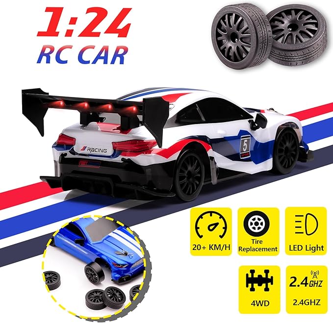 1:24 Scale RC Drift Car4WD 2.4GHz High Speed Racing Hobby Sport Toy Car Vehicle with LED LightsRacing and Drift Wheels for Adult Boys Girls Kids Gift (8605-White)