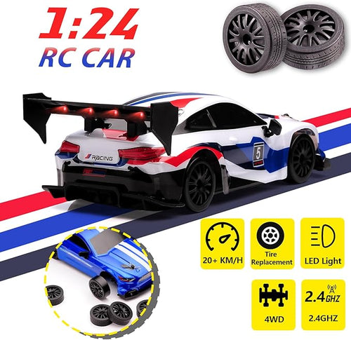 1:24 Scale RC Drift Car4WD 2.4GHz High Speed Racing Hobby Sport Toy Car Vehicle with LED LightsRacing and Drift Wheels for Adult Boys Girls Kids Gift (8605-White)