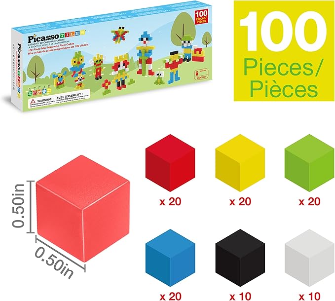 PicassoTiles 100pcs 0.5” Pixel Magnetic Puzzle Cube Mix &amp Match Cubes Sensory Toys STEAM Education Learning Building Block Magnets Children Construction Toy Set Stacking Magnet Creative Kit PMC100