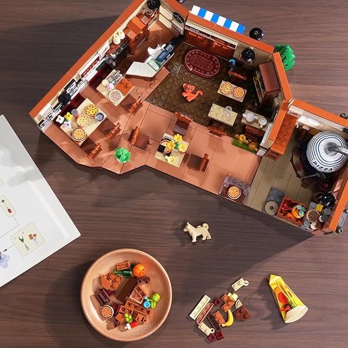 City Street Pizza Restaurant Building Set with Light 1098PCS Pizzeria House Architecture Model with Retro Pizza Van Home Decor Construction Building Block Gift for Adults Teens Boys Girls 10+