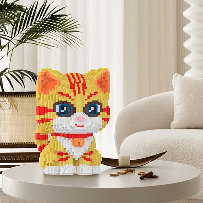 Cat Building Blocks with Organizer Bins | Yellow | Micro 3D Animal Building Blocks | 3000PCS | Gift for Adults and Kids | Home &amp Office Decor | RQ8889