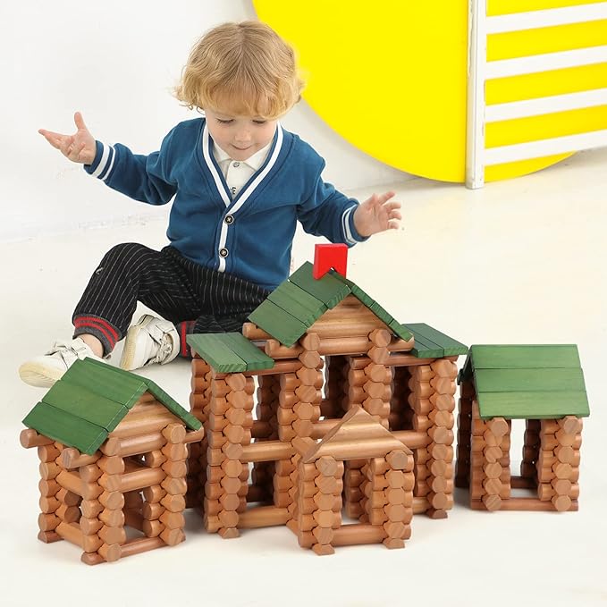 Wondertoys 328 Pcs Wooden Logs Set Ages 3+ Classic Building Log Toys for Kids Creative Construction Engineering Educational Gifts